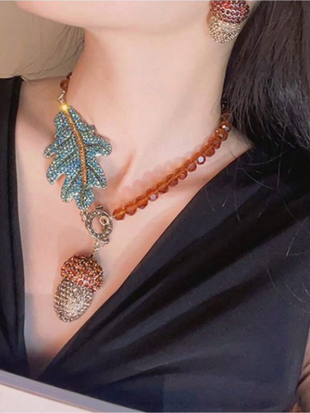 NWT Blue-Green Leaf & Amber Acorn Statement Necklace, Fall Jewelry